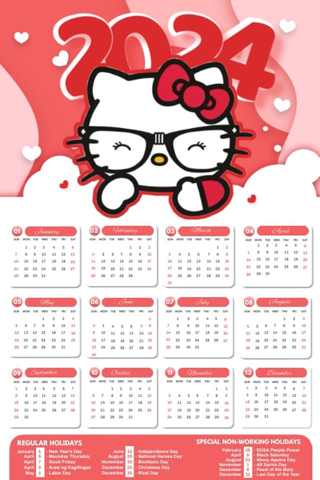 Calendario de Hello Kitty 2024 Plantilla para editar e imprimir