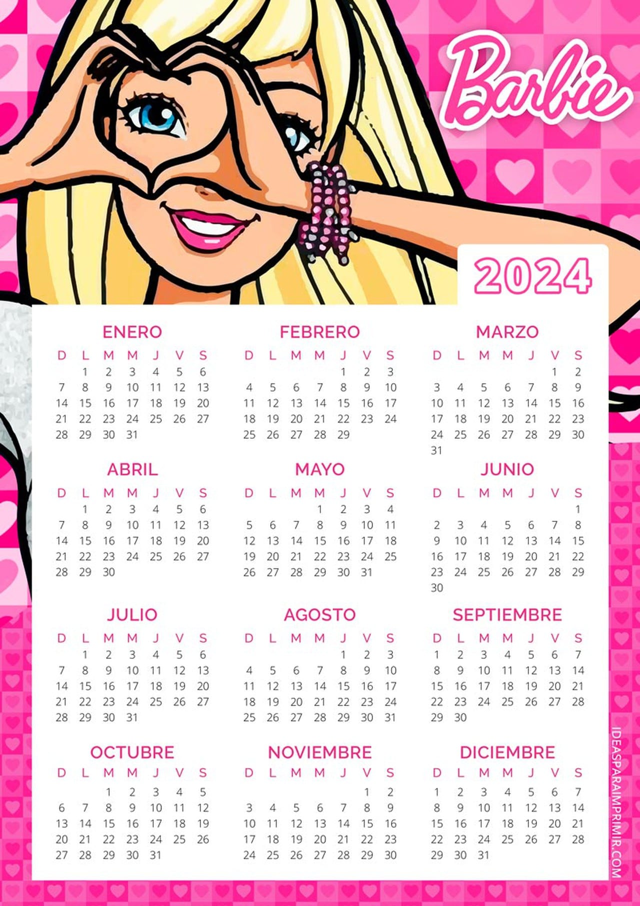 Calendario de Barbie 2024 Plantilla para editar e imprimir