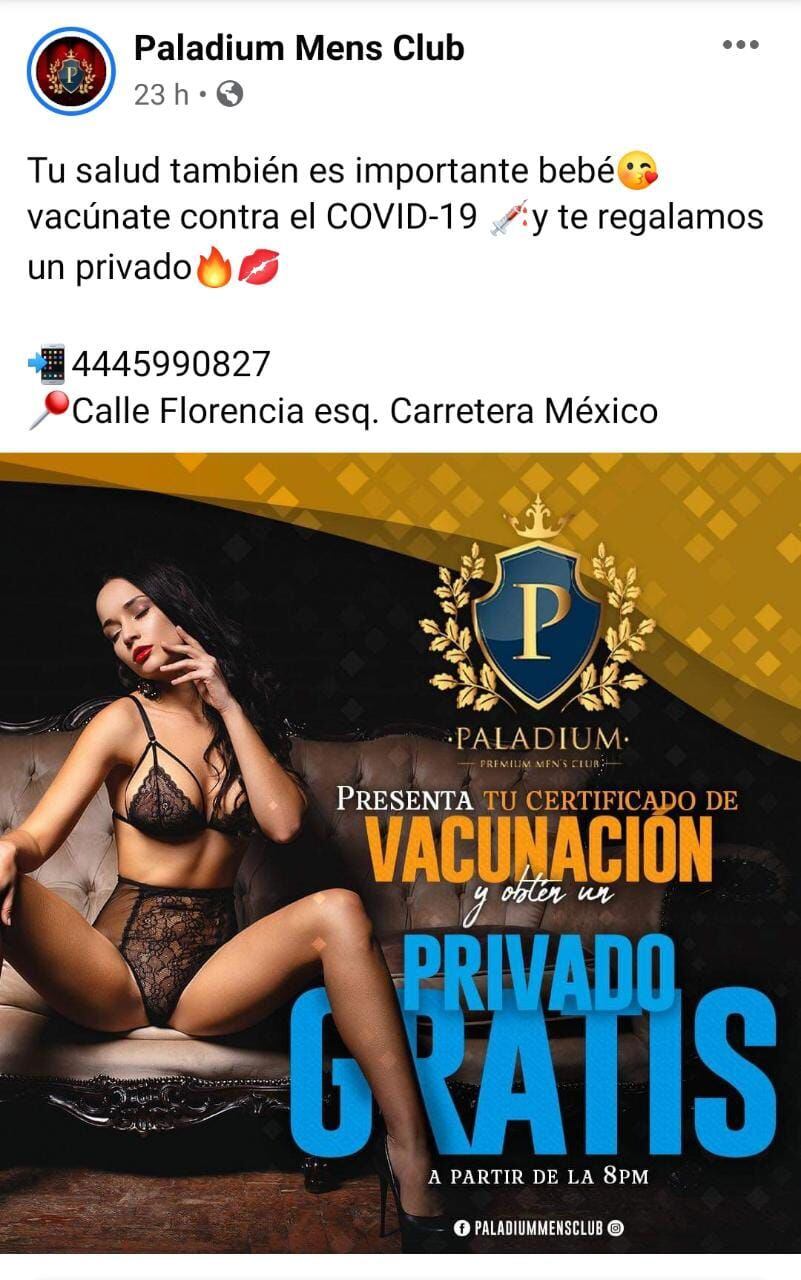 Club para caballeros promueve la vacuna contra Covid-19 en San Luis Potosí:  “Te regalamos un privado”