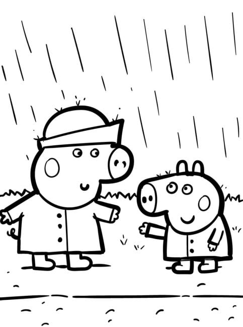 Dibujo de Peppa Pig en la lluvia junto a George