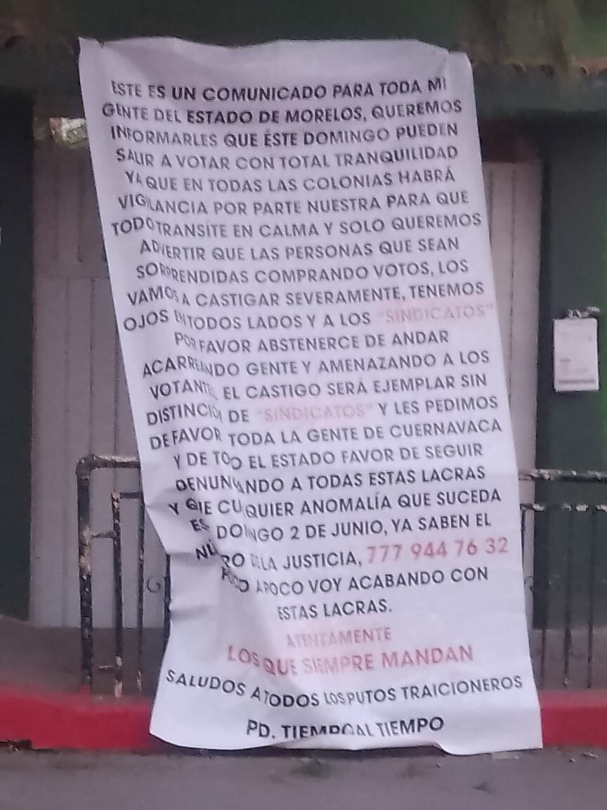 Narco manta advierte la no compra de votos en Morelos