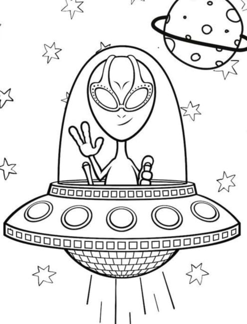 Dibujo de OVNI para colorear con un extraterrestre a la moda