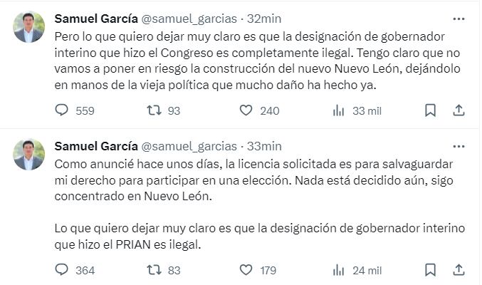 Samuel García obtiene licencia como gobernador de Nuevo León, pero no le gusta su reemplazo