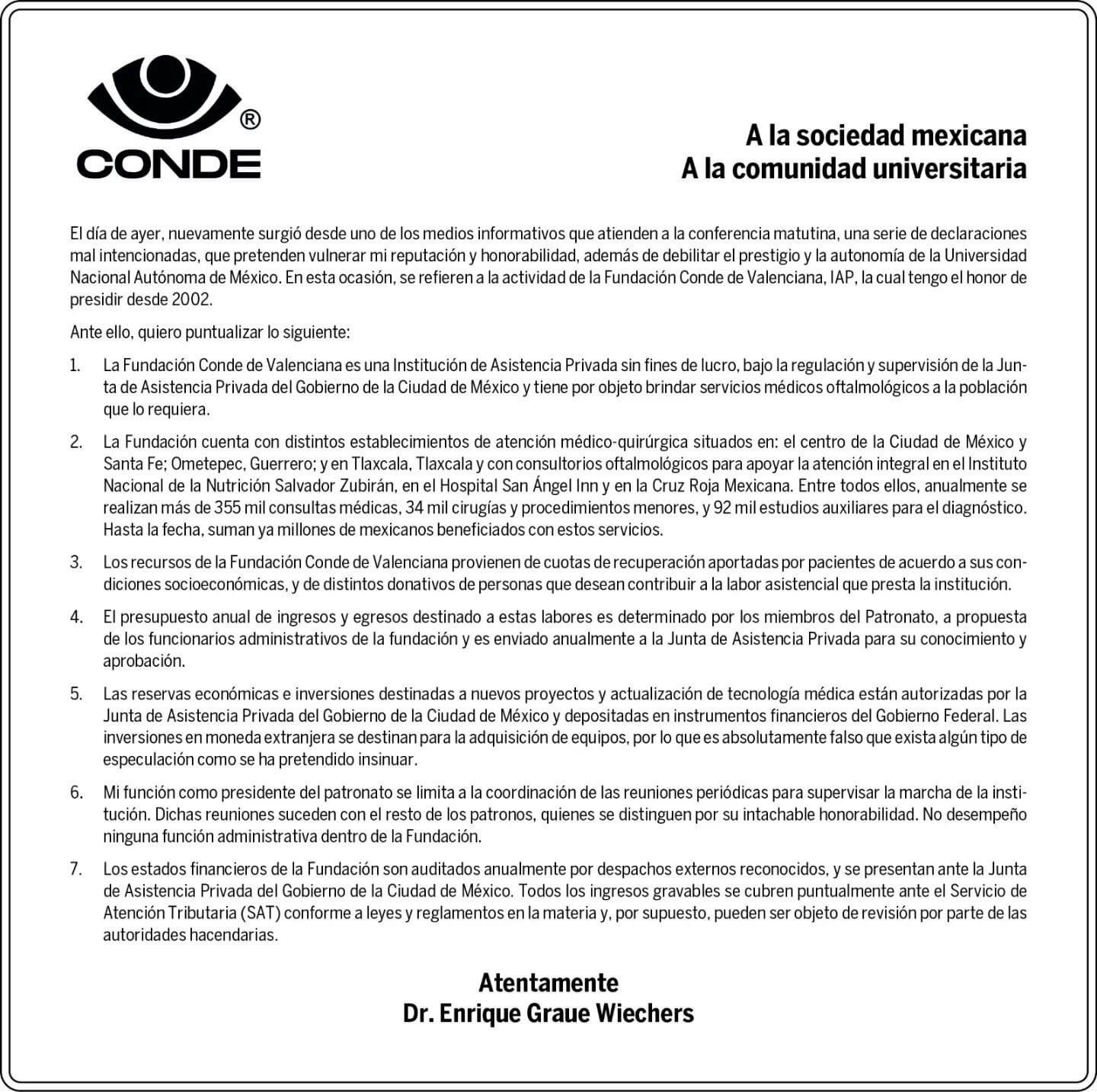 Fundación Conde de Valenciana comunicado