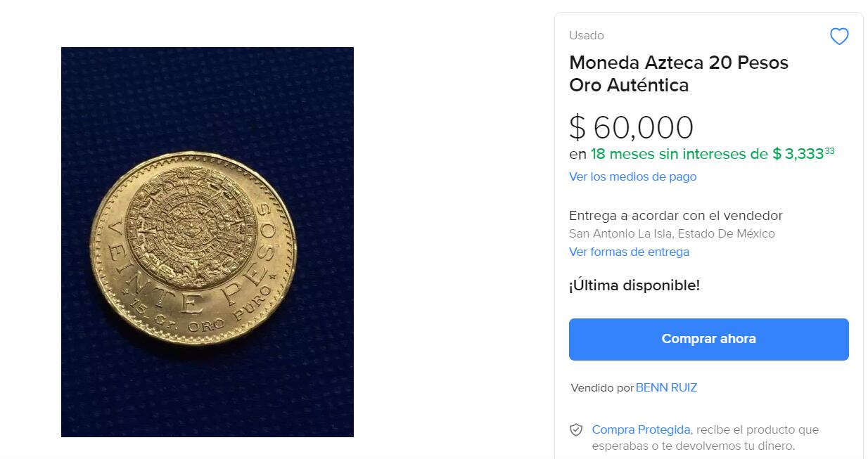 En mercado libre venden esta moneda de 20 pesos en hasta 60 mil pesos