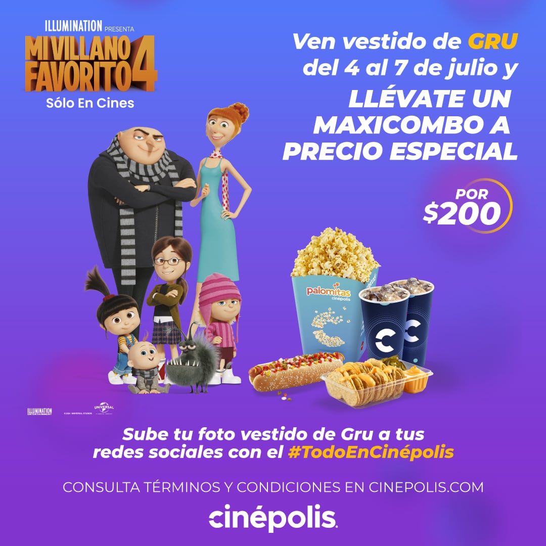 Promoción Maxicombo de Cinépolis con Gru de Mi Villano Favorito 4