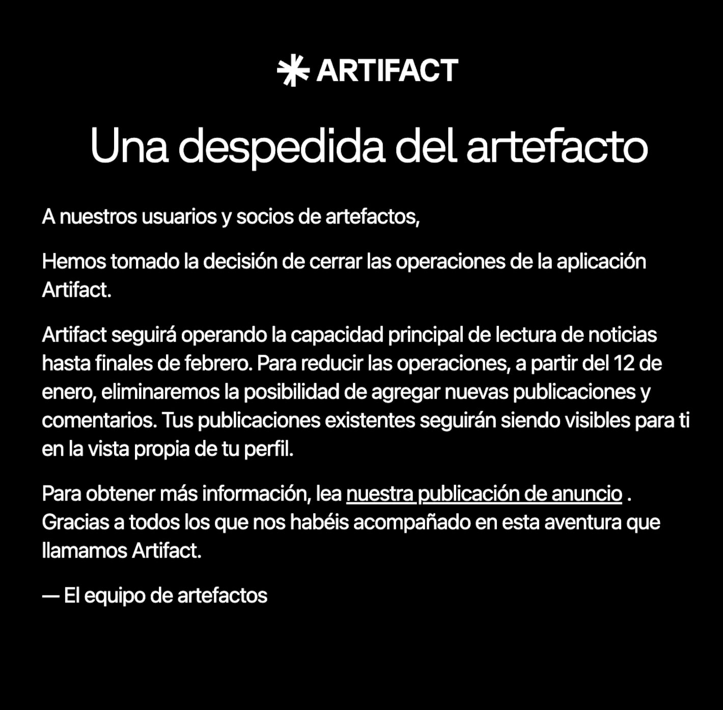Mensaje de despedida de Artifact en su sitio web oficial (traducido del inglés al español)