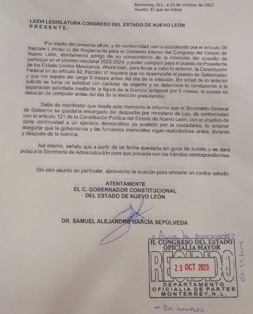 Samuel García pide licencia al Congreso de Nuevo León