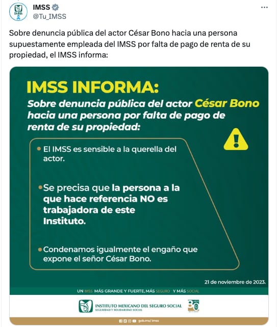 IMSS hace aclaraciones en caso César Bono