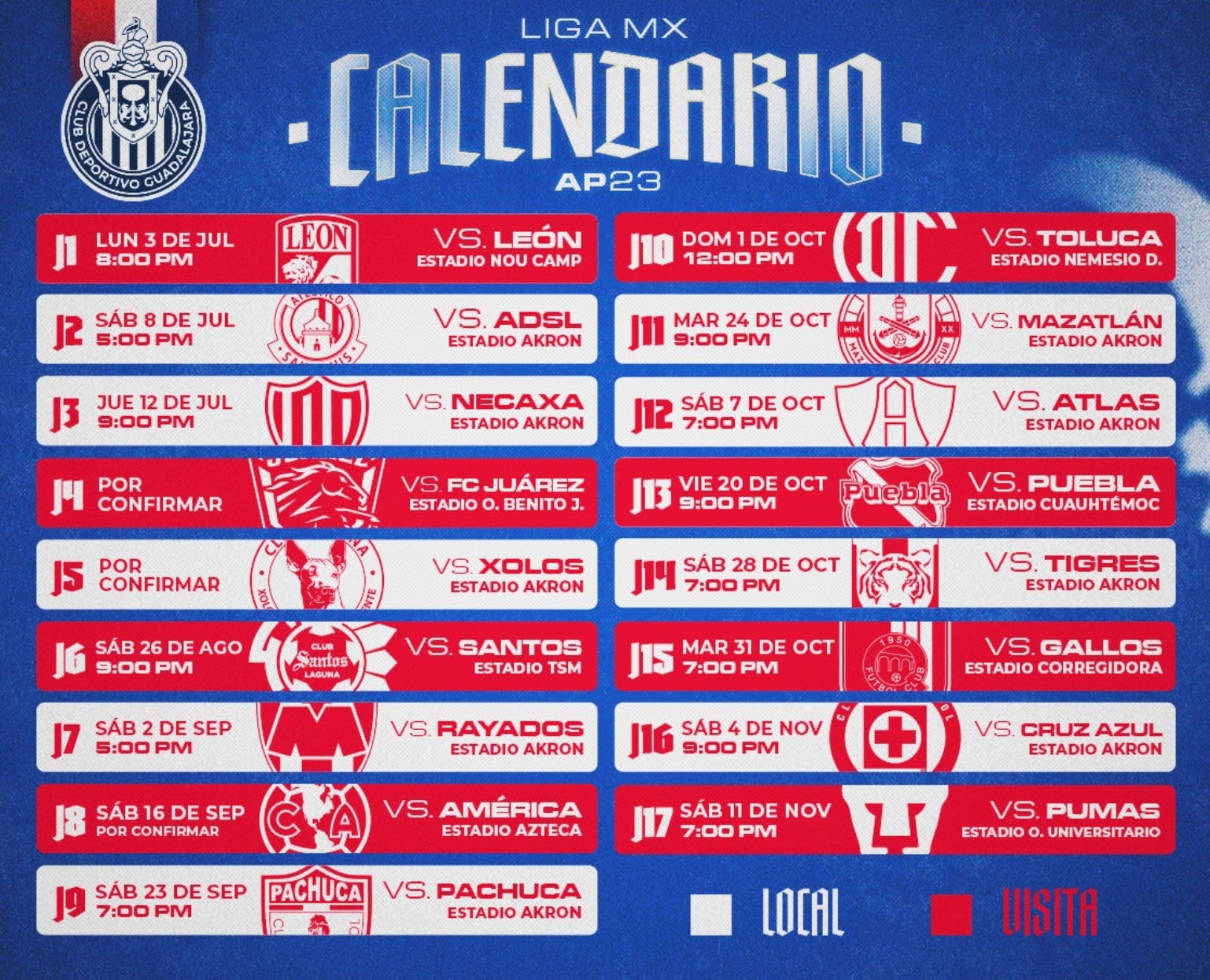 Club Chivas calendario Apertura 2023