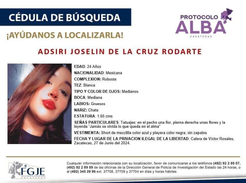 Ficha de búsqueda de Adsiri Joseline de la Cruz Rodarte, prima de Juan Francisco Rodarte