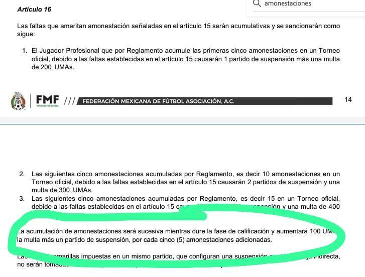 El Reglamento de la Liga MX señala que las cinco amonestaciones que ameritan la suspensión de un jugador, deben ser sucesivas durante el torneo en curso.