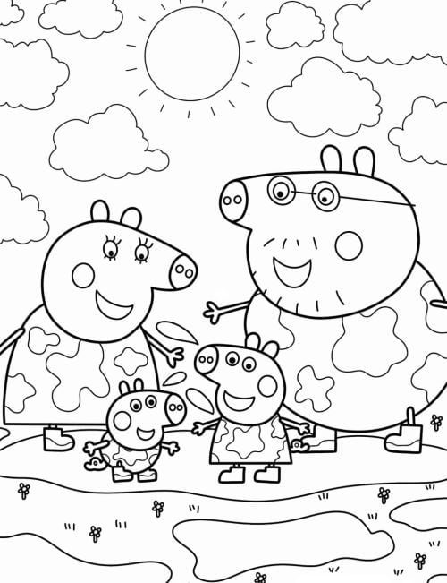 Dibujo de Peppa Pig en la lluvia con su familia