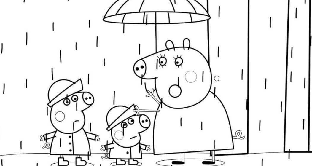 Dibujo de Peppa Pig en la lluvia con George y su mamá