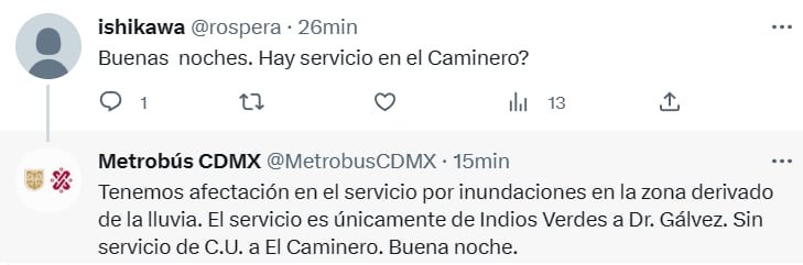 El Caminero sin servicio por lluvia Metrobús CDMX