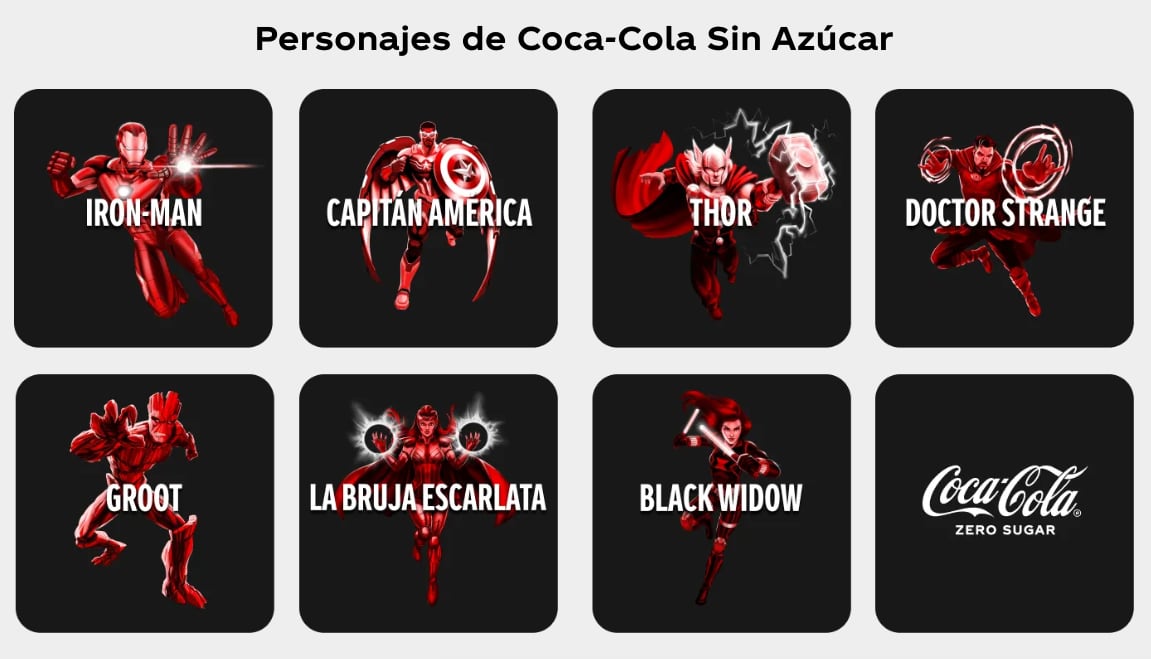 Los personajes de Marvel en la promoción de Coca Cola, de la colección virtual