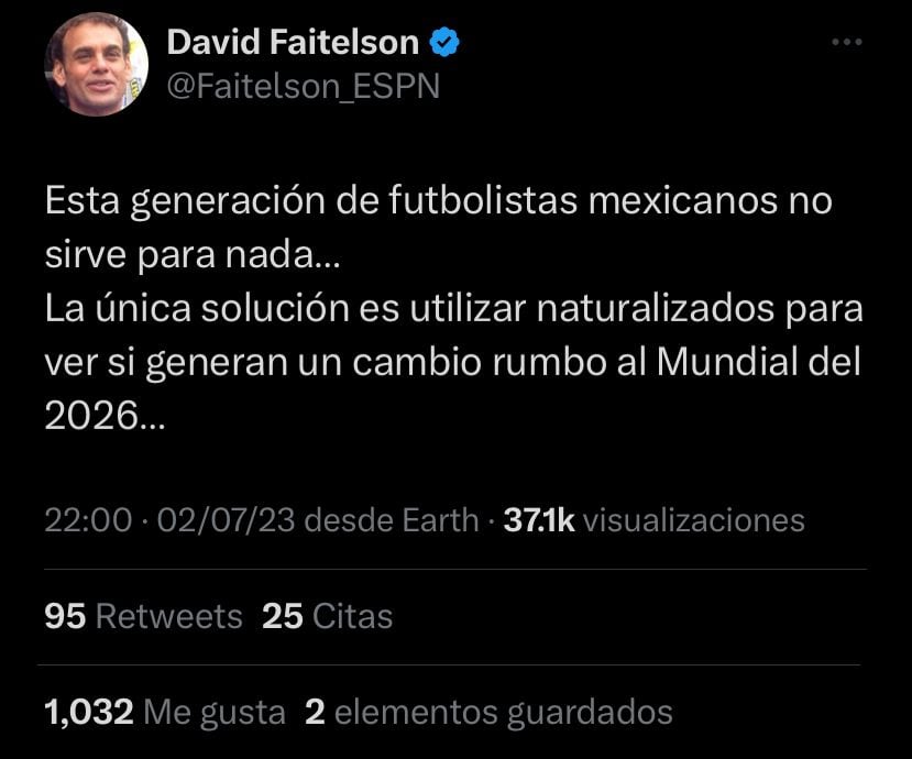 David Faitelson pidió que la Selección Mexicana tenga jugadores naturalizados en las próximas convocatorias.