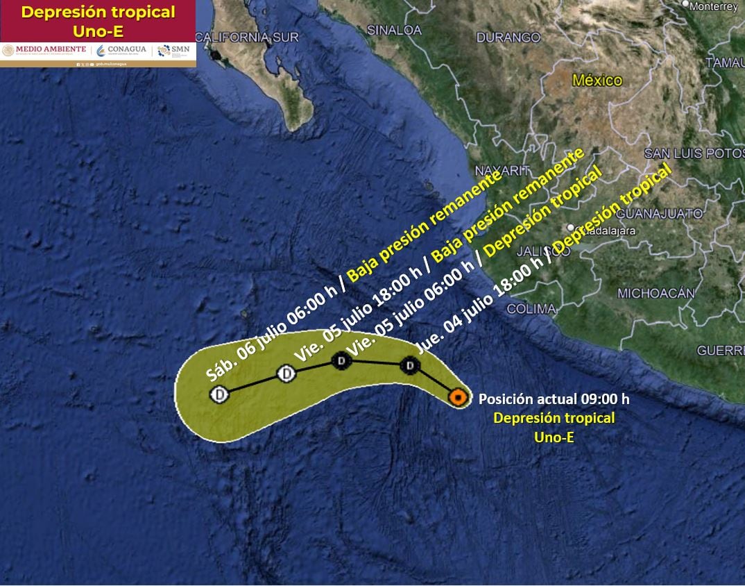 Depresión Tropical Uno-E trayectoria del 4 al 6 de julio 2024