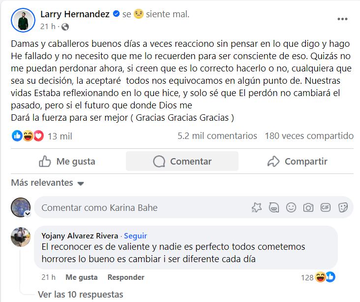 Larry Hernández se disculpa