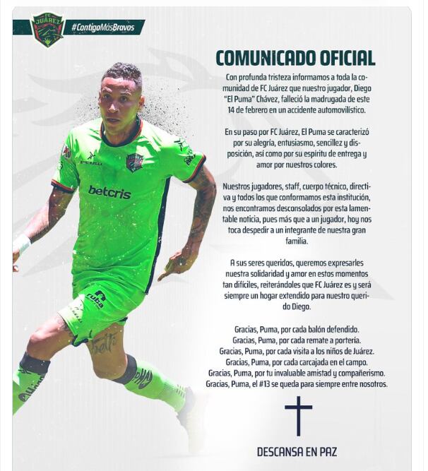 Comunicado del FC Juárez tras muerte de Diego Chávez
