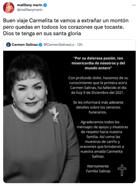 Malillany Marín se despide de Carmen Salinas