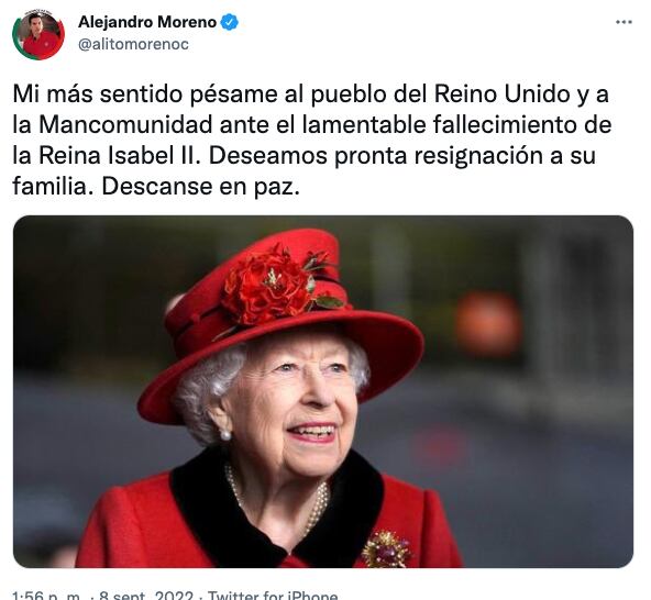 Alejandro Moreno expresa su pésame por la muerte de la Reina Isabel II