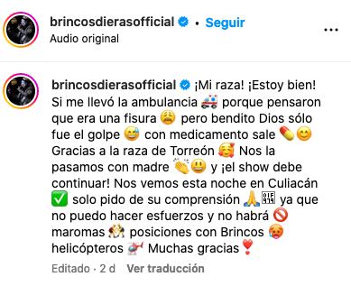 Brincos Dieras aclara qué le pasó y porqué salió en una ambulancia tras su show.
