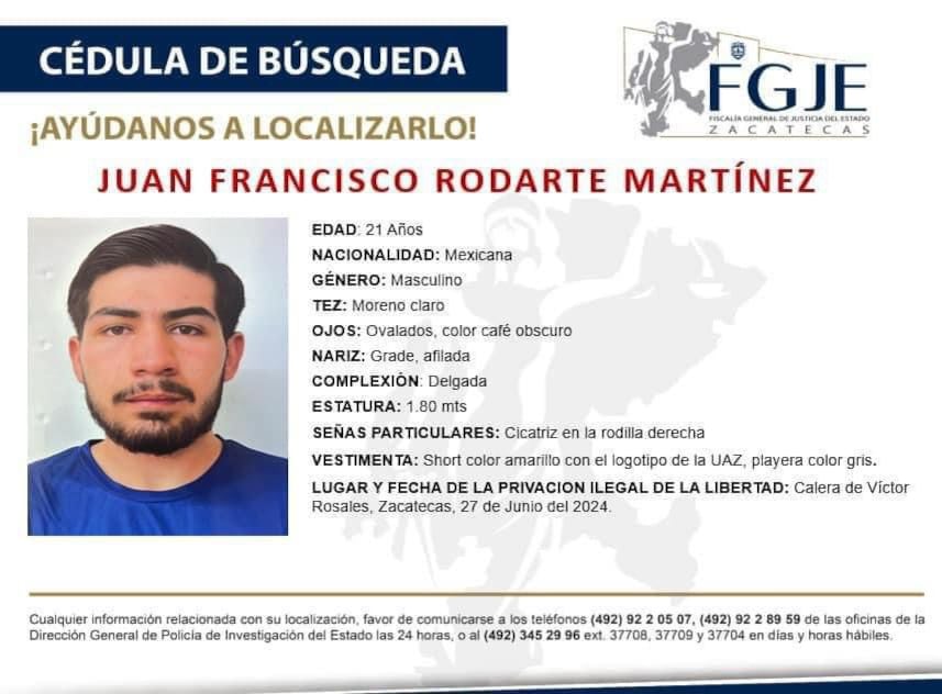 Juan Francisco Rodarte, estudiante de la UAZ desaparecido en Calera, Zacatecas