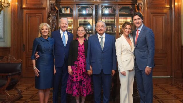 Jill Biden, Joe Biden, Beatriz Gutiérrez, AMLO,  Sophie Grégoire y Justin Trudeau en Palacio Nacional