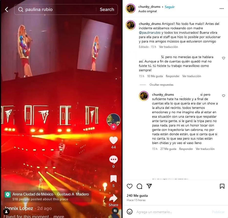 Baterista de Paulina Rubio pide que dejan de atacarla tras regañarlo en un concierto