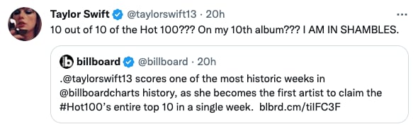 Taylor Swift ocupa los 10 lugares del Billboard Hot 100