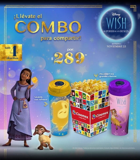 Precio del combo Wish en Cinemex que llega con la película de Disney