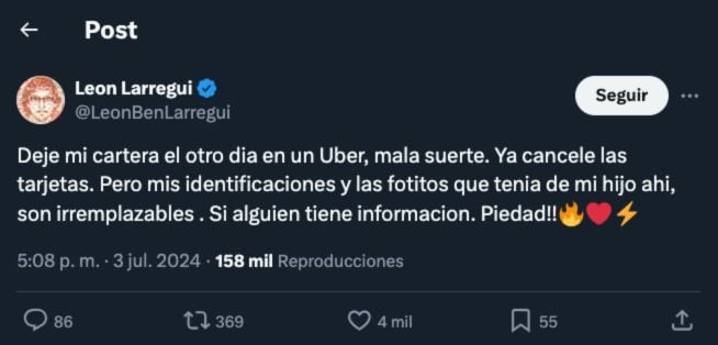 León Larregui pide “piedad” por su cartera extraviada en un Uber