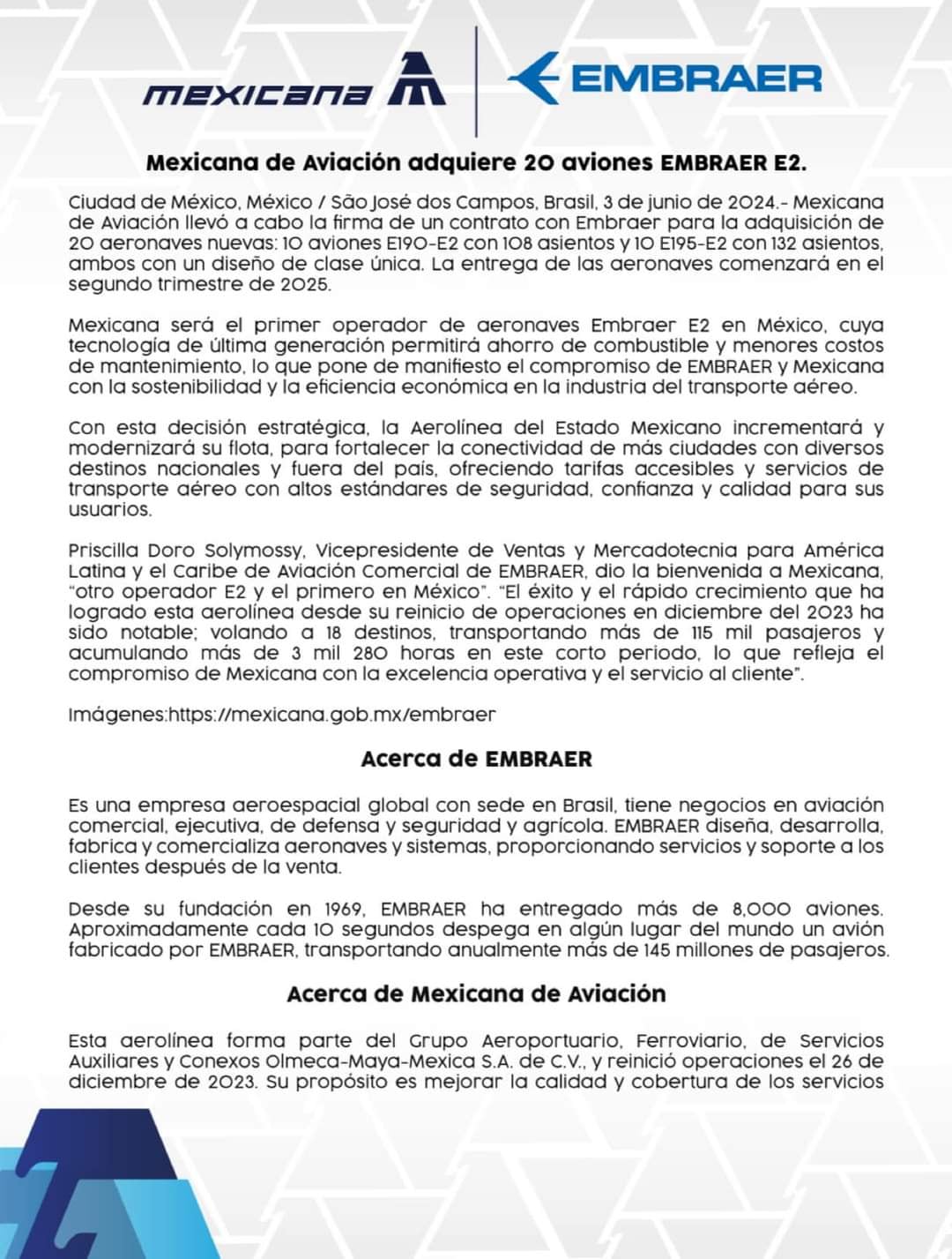 Acuerdo entre Mexicana de Aviación y la fabricante de aviones brasileña Embraer