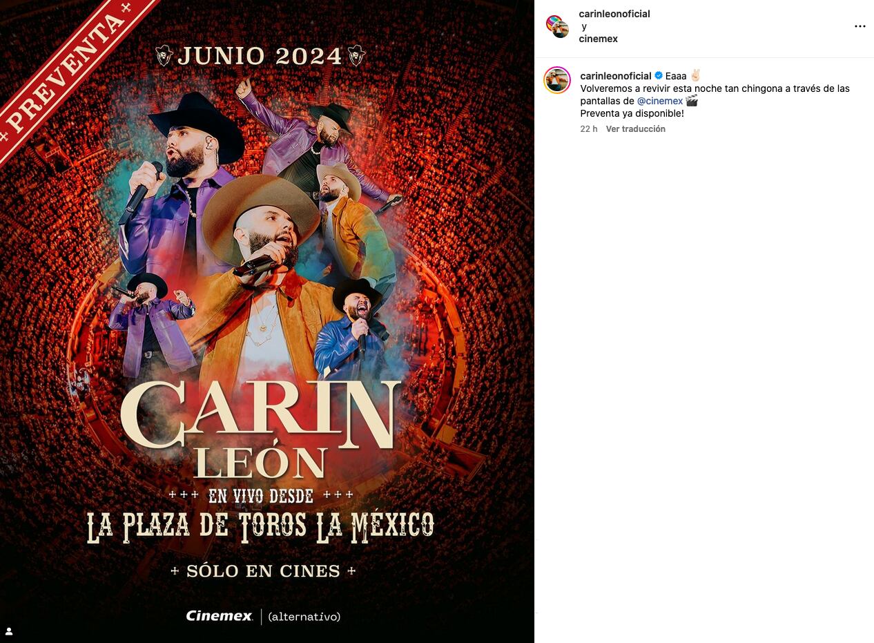 Carin León anuncia la preventa para ver su concierto en Cinemex.