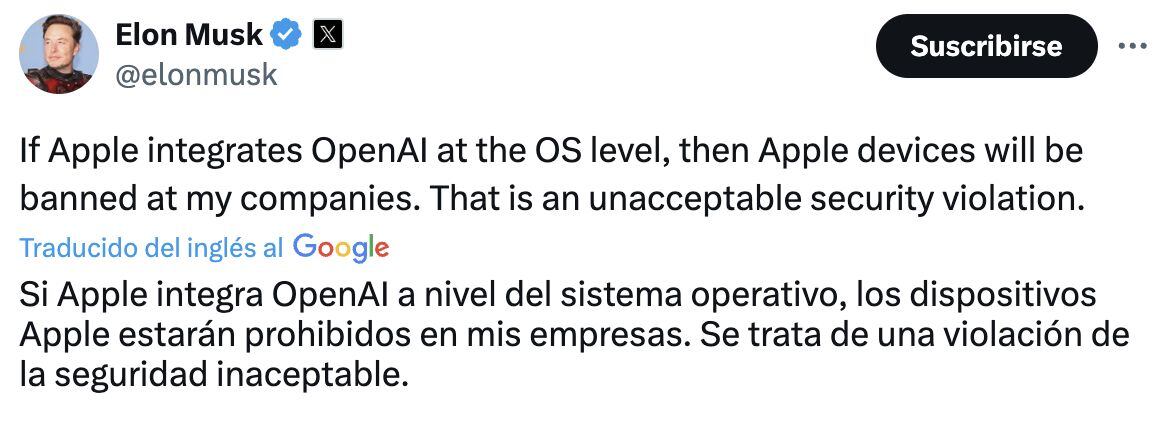 Elon Musk critica alianza Apple y OpenAI