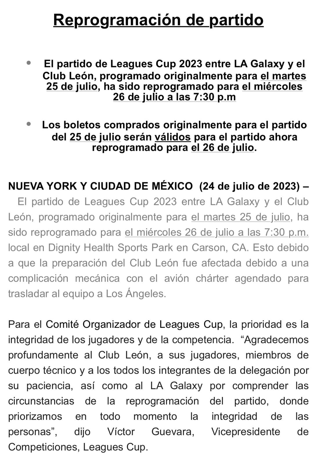 Comunicado de la reprogramación del partido del Club León en la Leagues Cup.