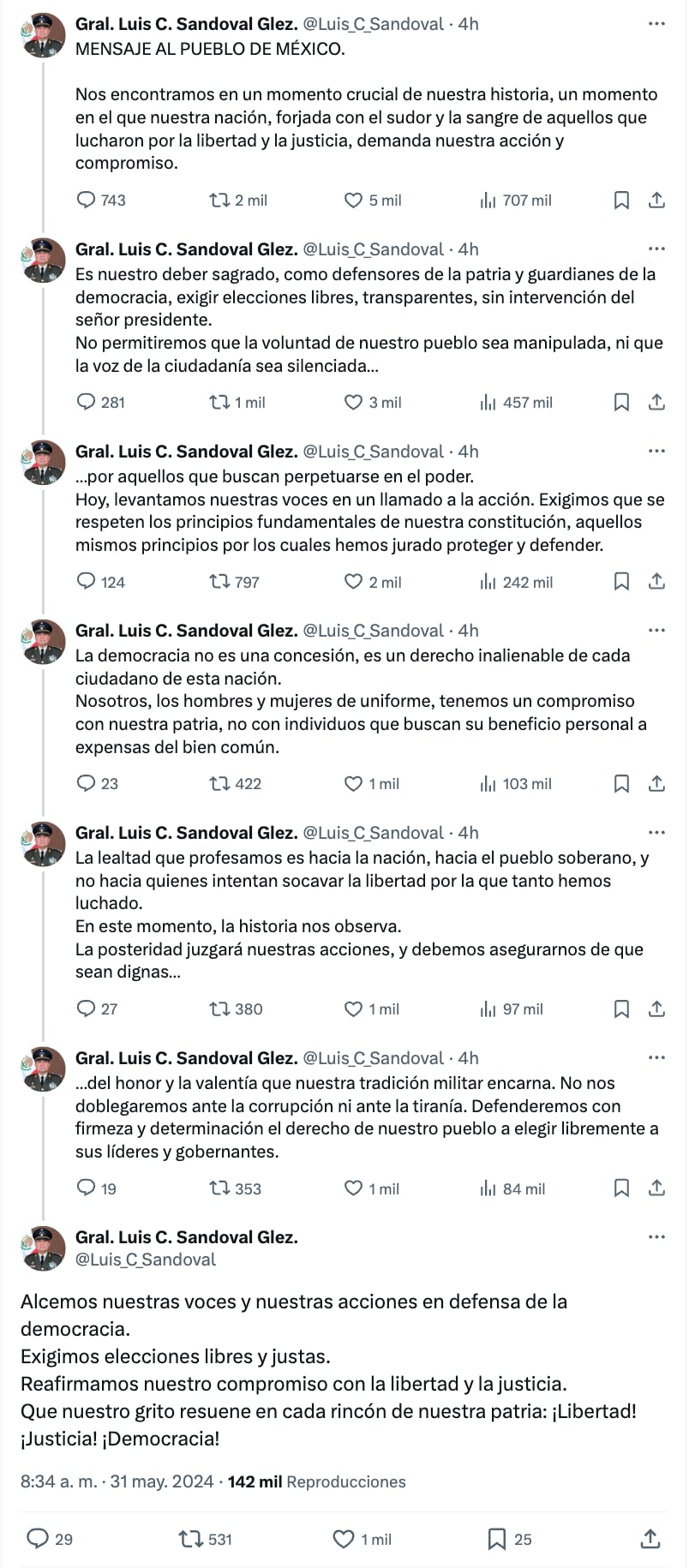 Cuenta falsa de Luis Cresencio Sandoval envía mensaje contra AMLO