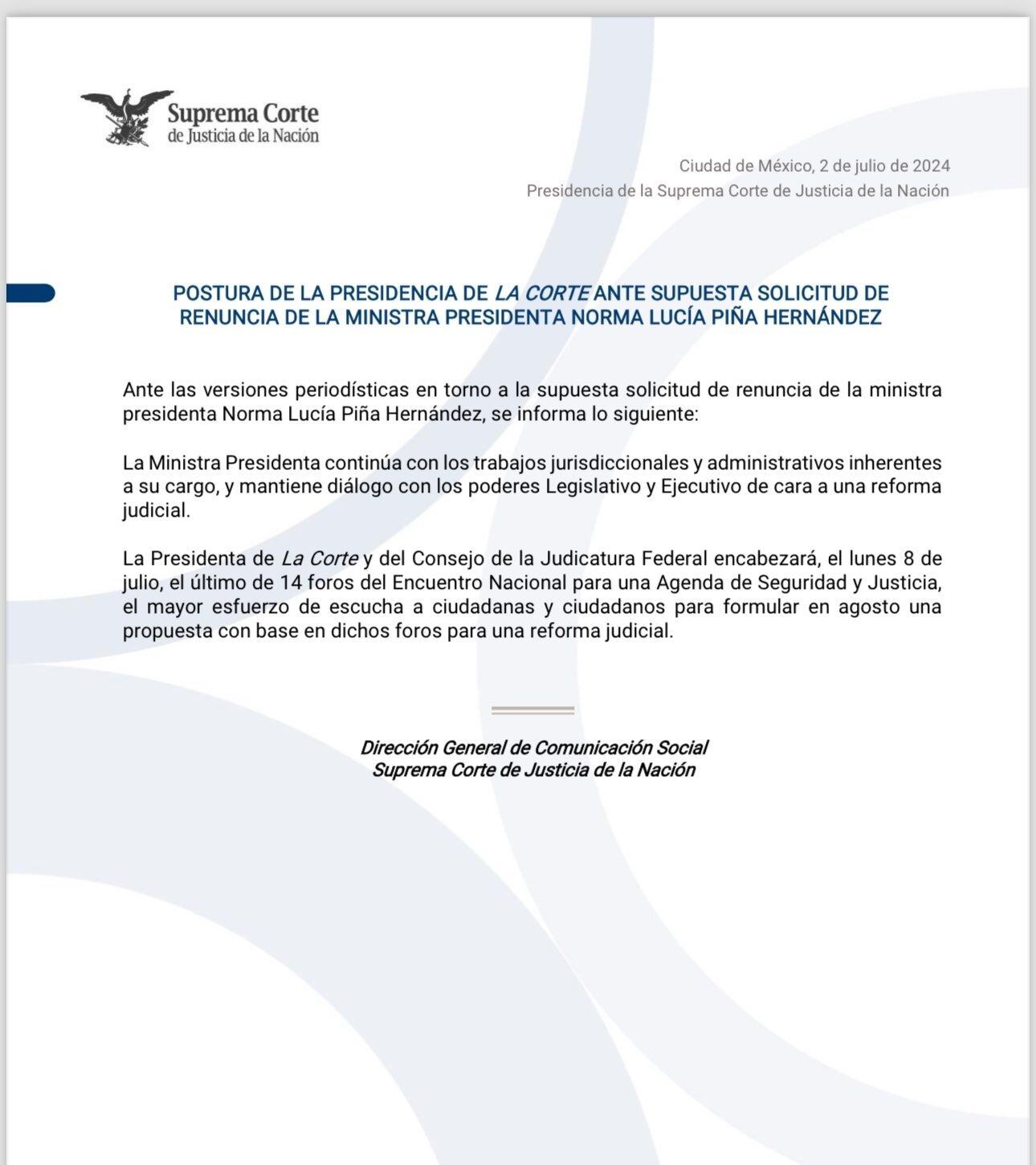SCJN se pronuncia sobre la petición de renuncia a Norma Piña por parte de Yasmín Esquivel