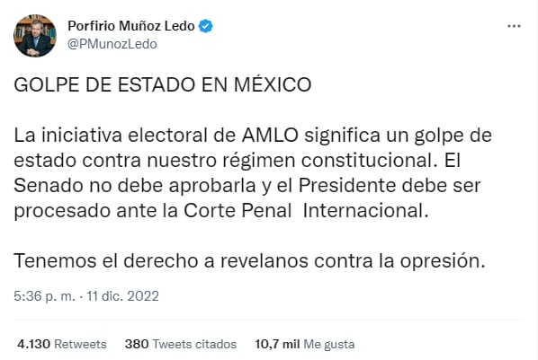 Porfirio Muñoz Ledo acusa golpe de estado por parte de AMLO