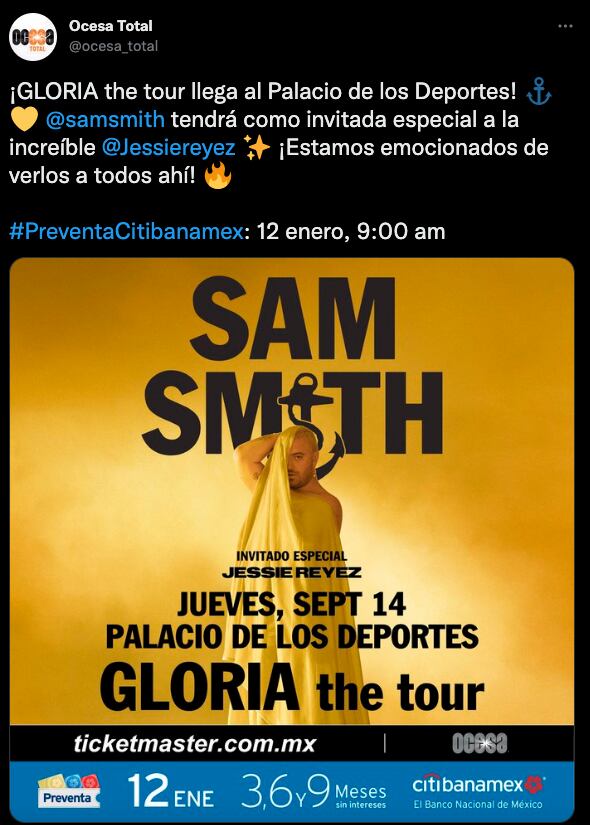 Los boletos del concierto de Sam Smith en la CDMX estarán a la venta en Ocesa