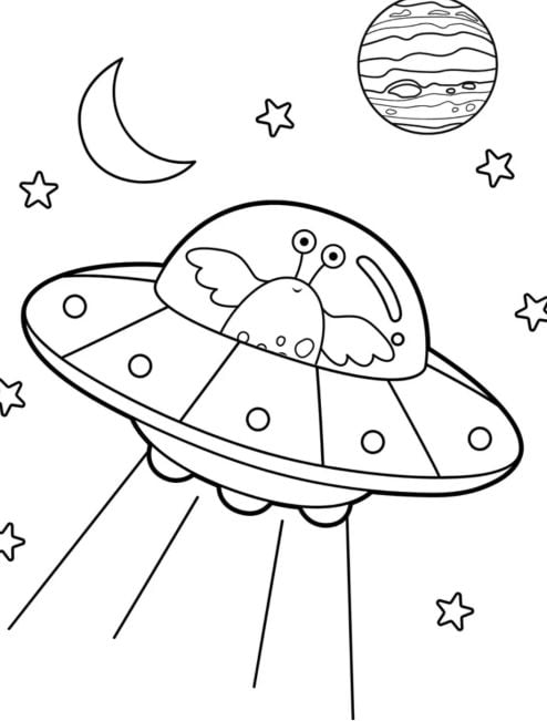 Dibujo de OVNI para colorear con un extraterrestre tierno