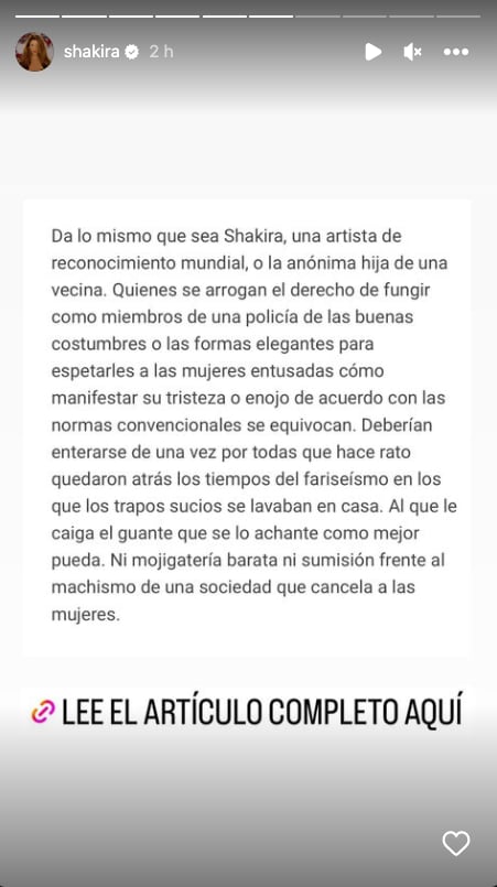 Shakira se pronuncia tras tiradera a Piqué