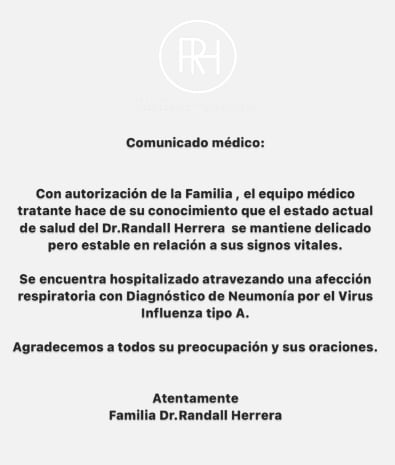 Estado de salud de Randall Herrera