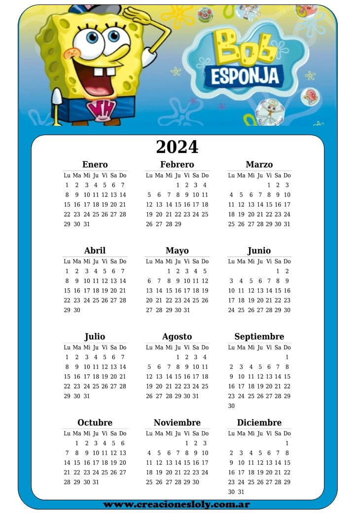 Calendario de Bob Esponja 2024: Plantilla para editar e imprimir