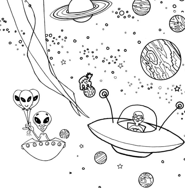 Dibujo de OVNI para colorear con extraterrestres felices