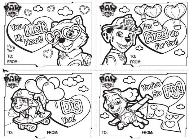 Plantillas para colorear: 4 tarjetas de Paw Patrol para San Valentín