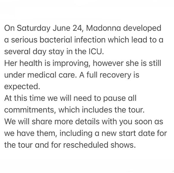 Mensaje del manager de Madonna hablando de la salud de la cantante