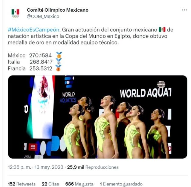 El equipo de nado sincronizado mexicano ganó la medalla de oro en el Mundial de Natación Artística.