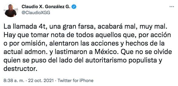 Tuit de Claudio X. González